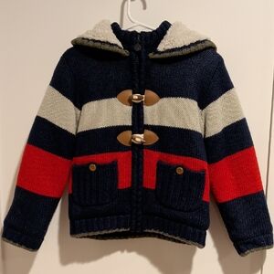 Striped Hooded Knit Cardigan - Navy, Cream & Red